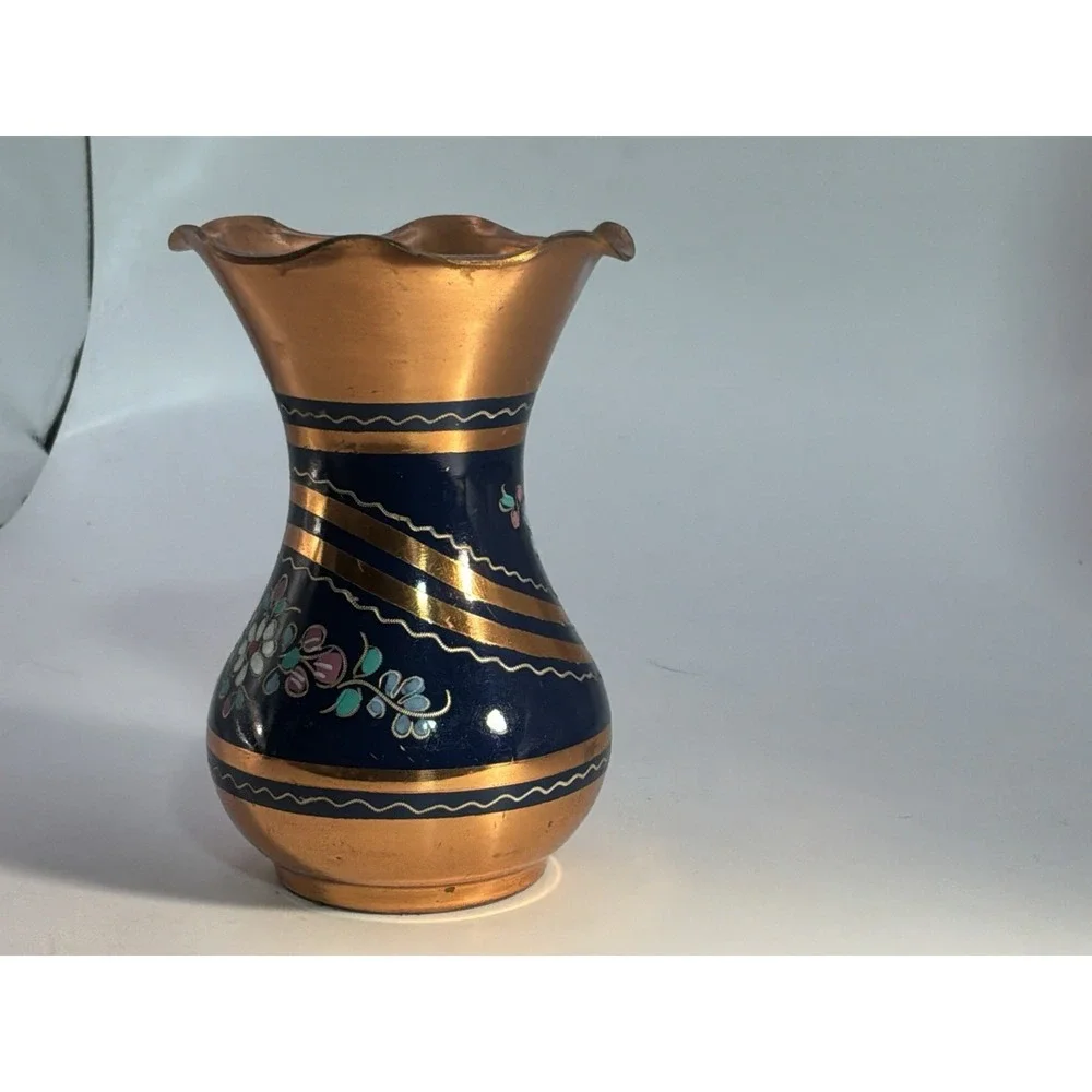Vintage Copper Vase‎ Hand Painted Floral 4